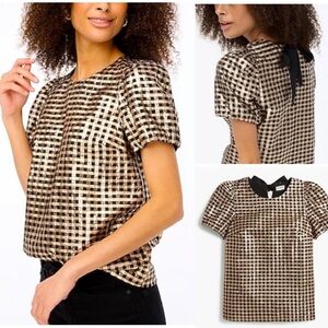 J.Crew Metallic Plaid Puff Sleeve Top Black Gold Gingham Size L